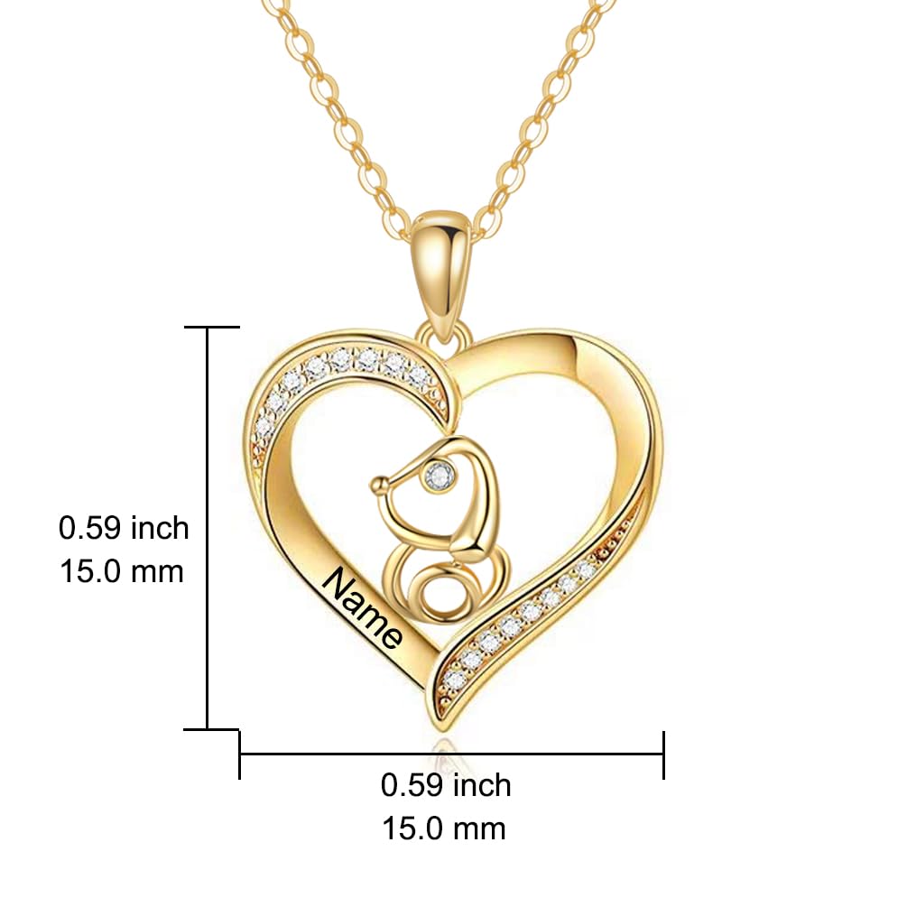 10K 14K 18K Gold Cat/Dog Necklace Personalized Engraved Name Real Yellow Gold Pets Heart Pendant Animal Jewelry Gifts for Women Pet Lover