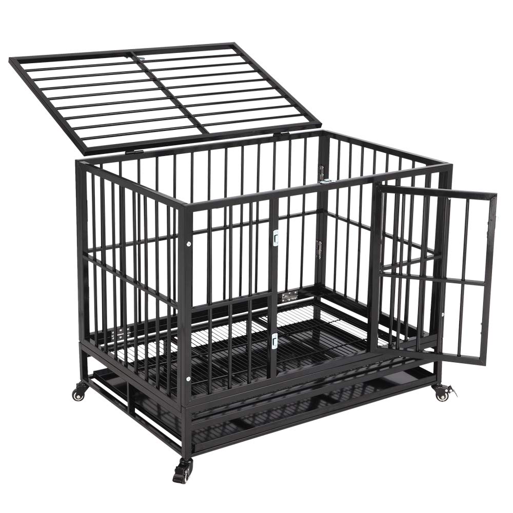 36 Inch Dog Crate, Folding Metal Pet Crate with Wheels, Double-Door Pets Homes with Double Latch, Kennel with Divider Panel, Square Tube Dog Crate Animal Cage, for Training Pet Supplies, Black