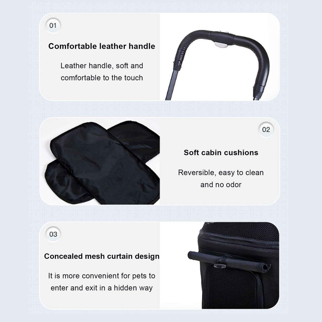 3 in 1 One-Click Foldable Pet Stroller, Detachable Dog Cat Travel Pushchair, 4 Wheels Dog/Cat Puppy Stroller, Travel Carrier for Small/Medium Pet with Storage Basket,Black