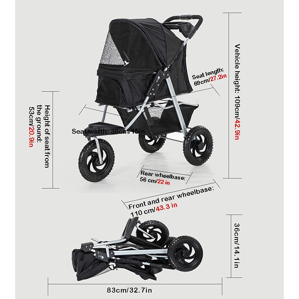 3 Wheel Pet Stroller Foldable for Small Medium Dogs and Cats, Pet Supplies Travel Beach Pet Buggy Dog Bicycle Trailer with Large Storage Basket, Capacity 25Kg (Color : Gray)