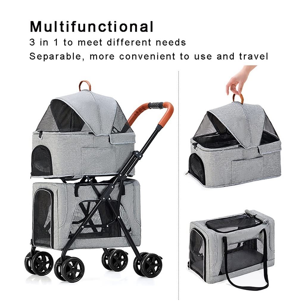 2 Layer Pet Travel Stroller Breathable Dog Pram Pushchair Cage, Double Layer Dog Stroller for 2 Dogs/Cats, Dog Strollers Foldable Pet Cat Carriage for Twin Or Multiple (Gray A)