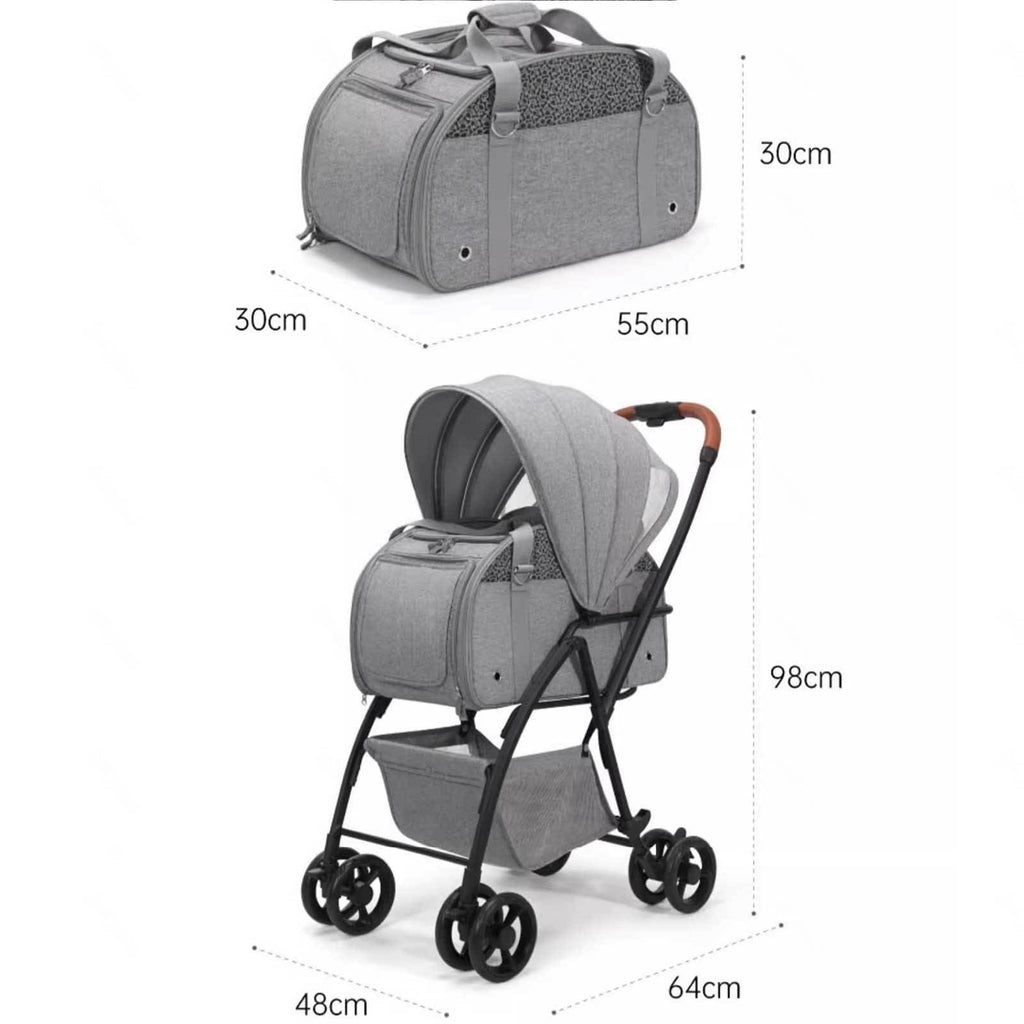 3-in-1 Pet Stroller for Small Medium Dogs Cat 4-Wheel Puppy Stroller with Detachable Carrier & Pad Lightweight Foldable Cat Stroller Trolley for Travel Shopping Walking,Grey