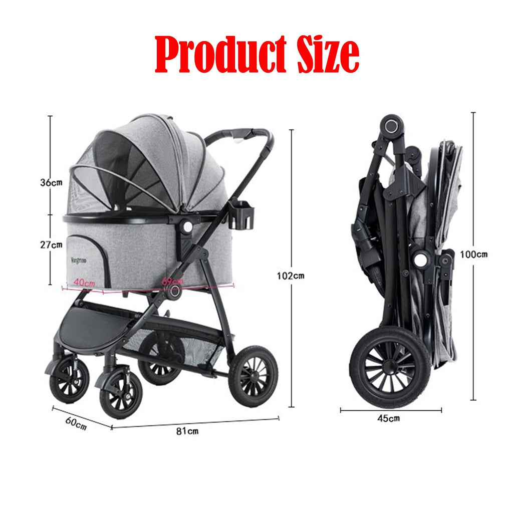 3 in 1 Foldable Travel Stroller Cup Holder Dog Stroller for Medium Cats Dogs Pram, Cat Carriers Strollers Jogging Trolley, Large Pet Strolle Breathable Window with Zipper, Storage Basket