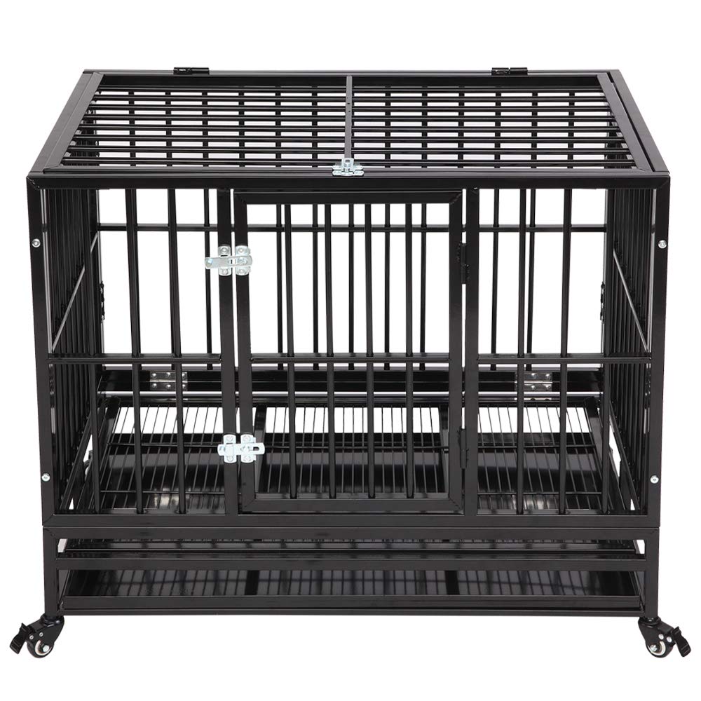 36 Inch Dog Crate, Folding Metal Pet Crate with Wheels, Double-Door Pets Homes with Double Latch, Kennel with Divider Panel, Square Tube Dog Crate Animal Cage, for Training Pet Supplies, Black