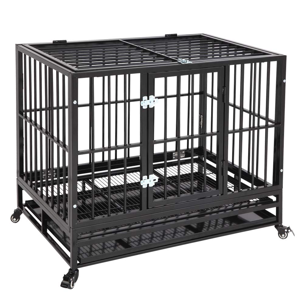 36 Inch Dog Crate, Folding Metal Pet Crate with Wheels, Double-Door Pets Homes with Double Latch, Kennel with Divider Panel, Square Tube Dog Crate Animal Cage, for Training Pet Supplies, Black