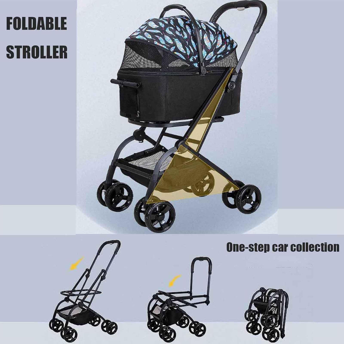 3 in 1 One-Click Foldable Pet Stroller, Detachable Dog Cat Travel Pushchair, 4 Wheels Dog/Cat Puppy Stroller, Travel Carrier for Small/Medium Pet with Storage Basket,Black