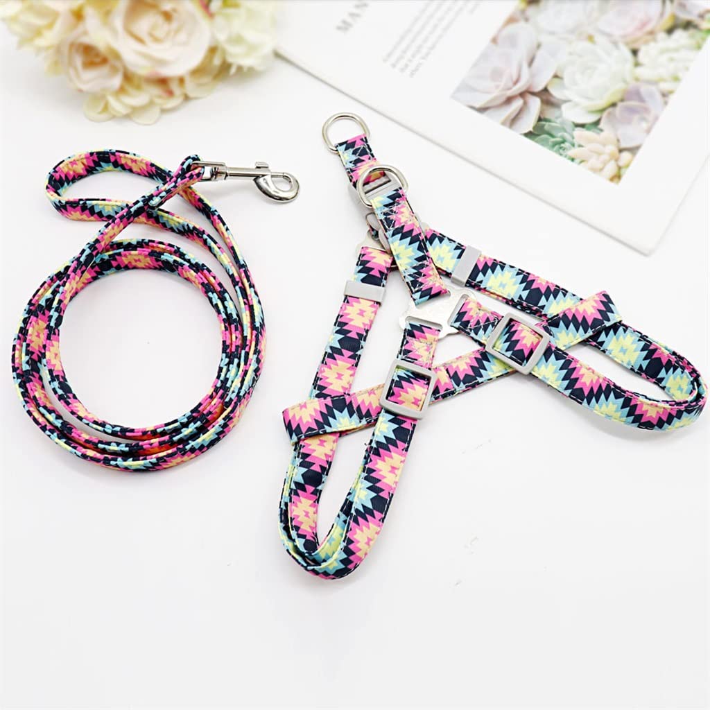 Adjustable Nylon Dog Sling Leash Set Printed Puppy Vest Pet Walking Leash Suitable for Small and Medium-Sized Dogs (D S)