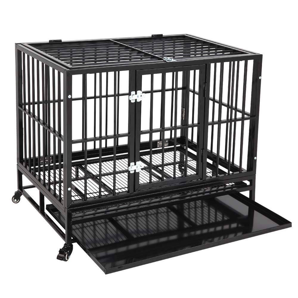 36 Inch Dog Crate, Folding Metal Pet Crate with Wheels, Double-Door Pets Homes with Double Latch, Kennel with Divider Panel, Square Tube Dog Crate Animal Cage, for Training Pet Supplies, Black