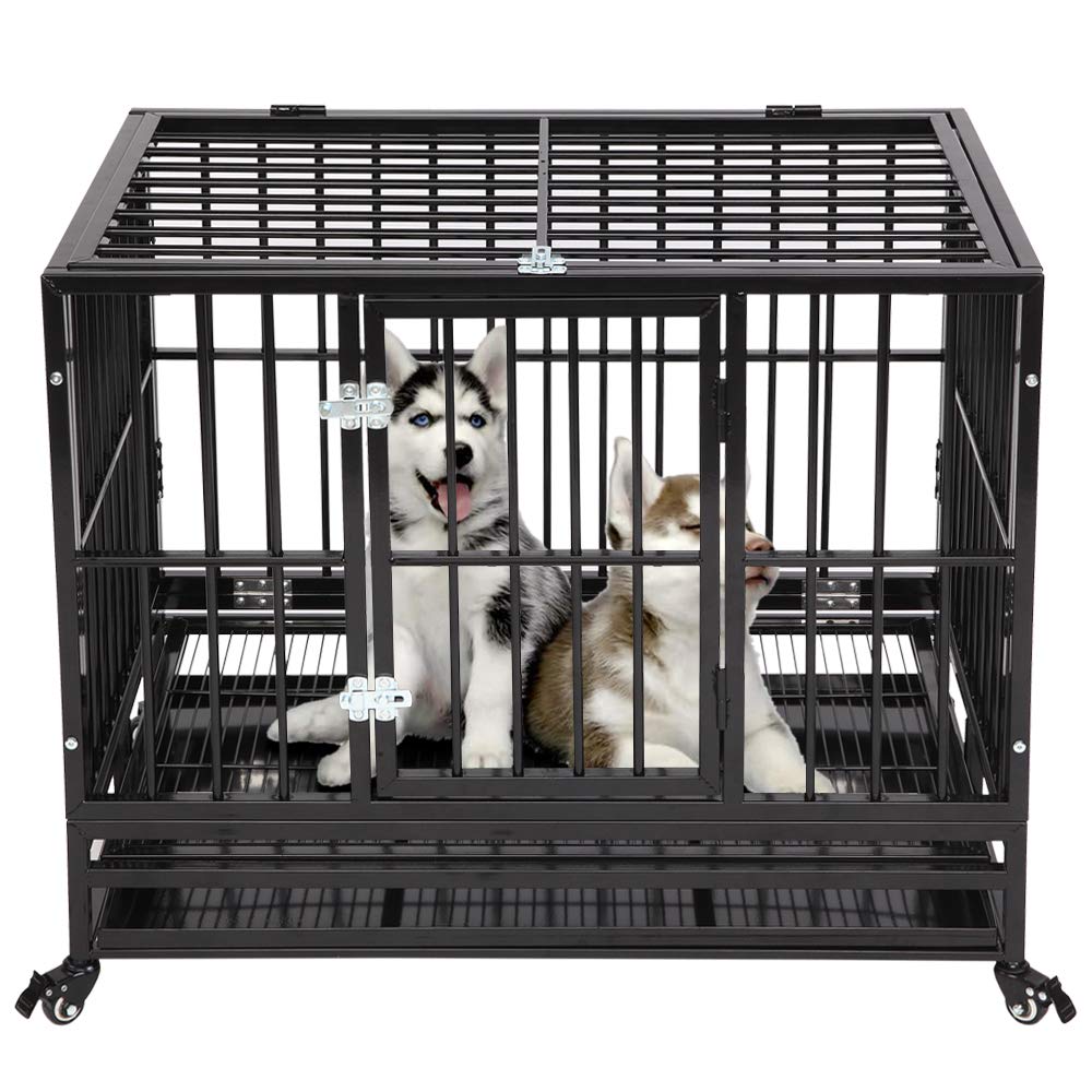 36 Inch Dog Crate, Folding Metal Pet Crate with Wheels, Double-Door Pets Homes with Double Latch, Kennel with Divider Panel, Square Tube Dog Crate Animal Cage, for Training Pet Supplies, Black