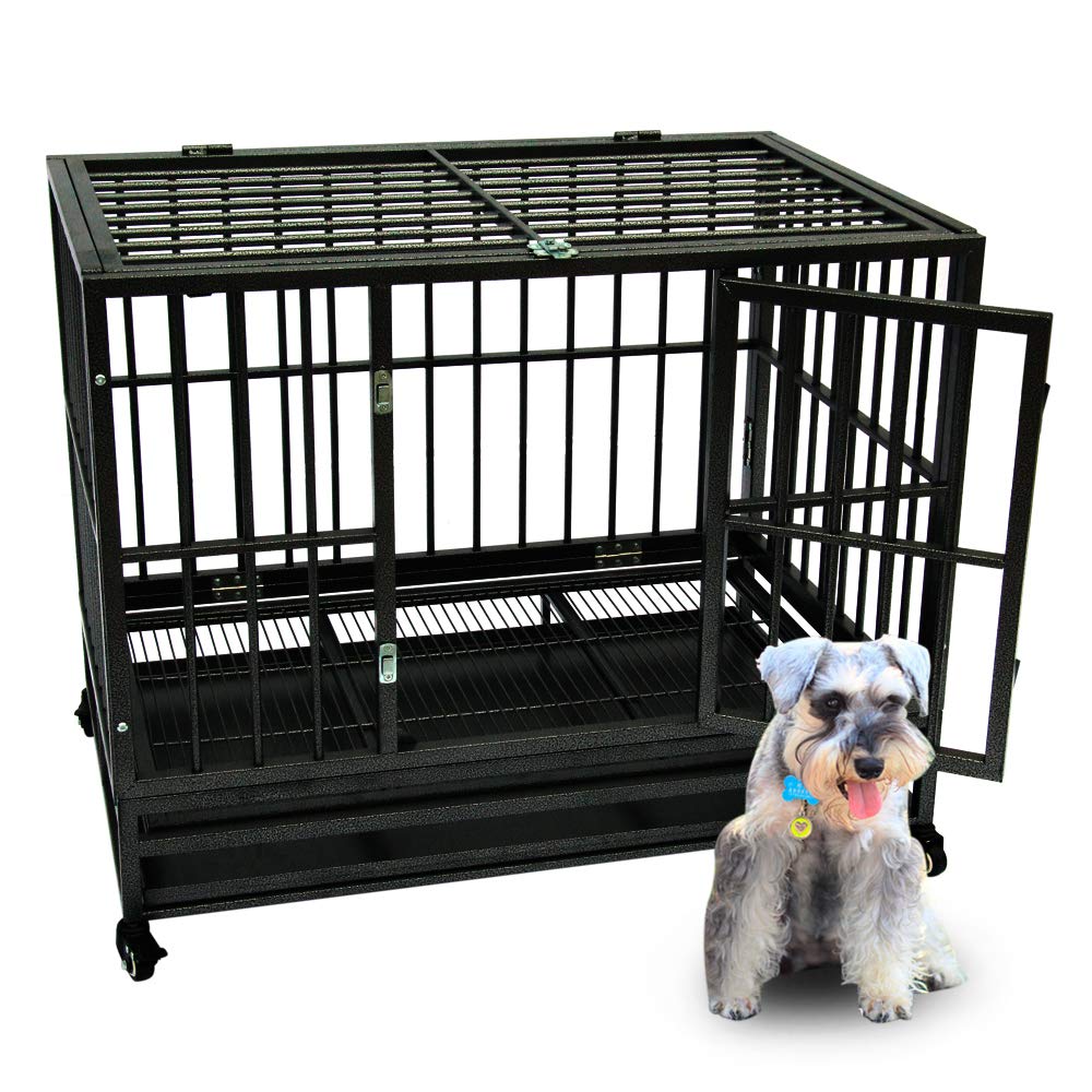 36 Inch Dog Crate, Folding Metal Pet Crate with Wheels, Double-Door Pets Homes with Double Latch, Kennel with Divider Panel, Square Tube Dog Crate Animal Cage, for Training Pet Supplies, Black