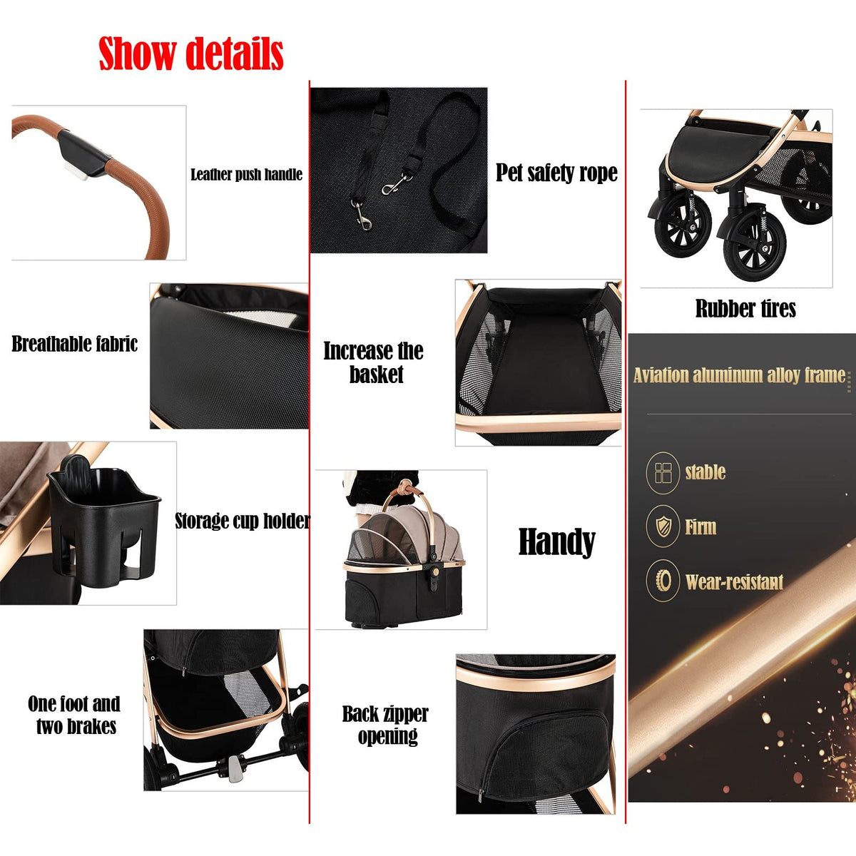 3 in 1 Foldable Travel Stroller Cup Holder Dog Stroller for Medium Cats Dogs Pram, Cat Carriers Strollers Jogging Trolley, Large Pet Strolle Breathable Window with Zipper, Storage Basket