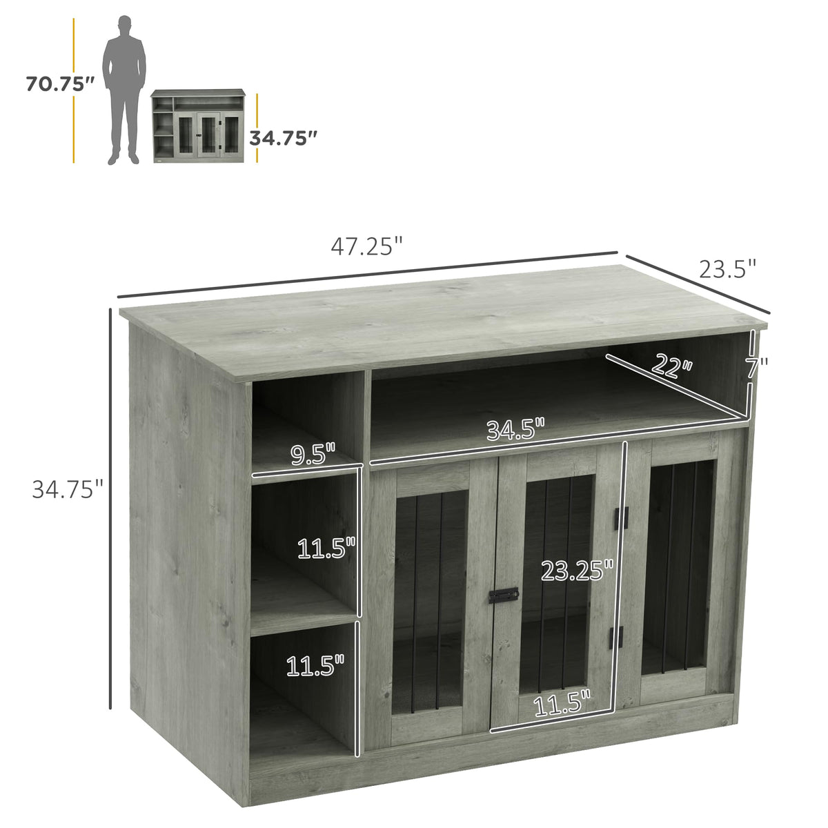 47-Inch Dog Crate Furniture with Storage for Medium and Large Dogs, Gray
