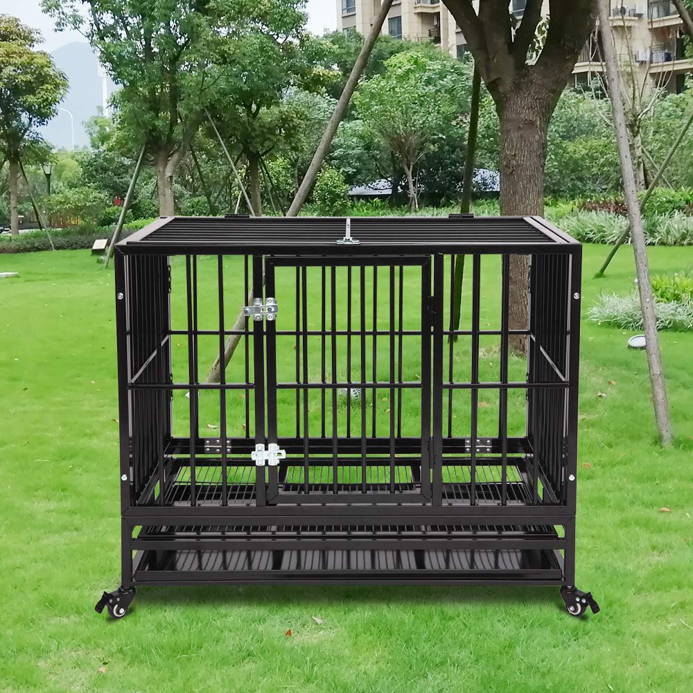36 Inch Dog Crate, Folding Metal Pet Crate with Wheels, Double-Door Pets Homes with Double Latch, Kennel with Divider Panel, Square Tube Dog Crate Animal Cage, for Training Pet Supplies, Black
