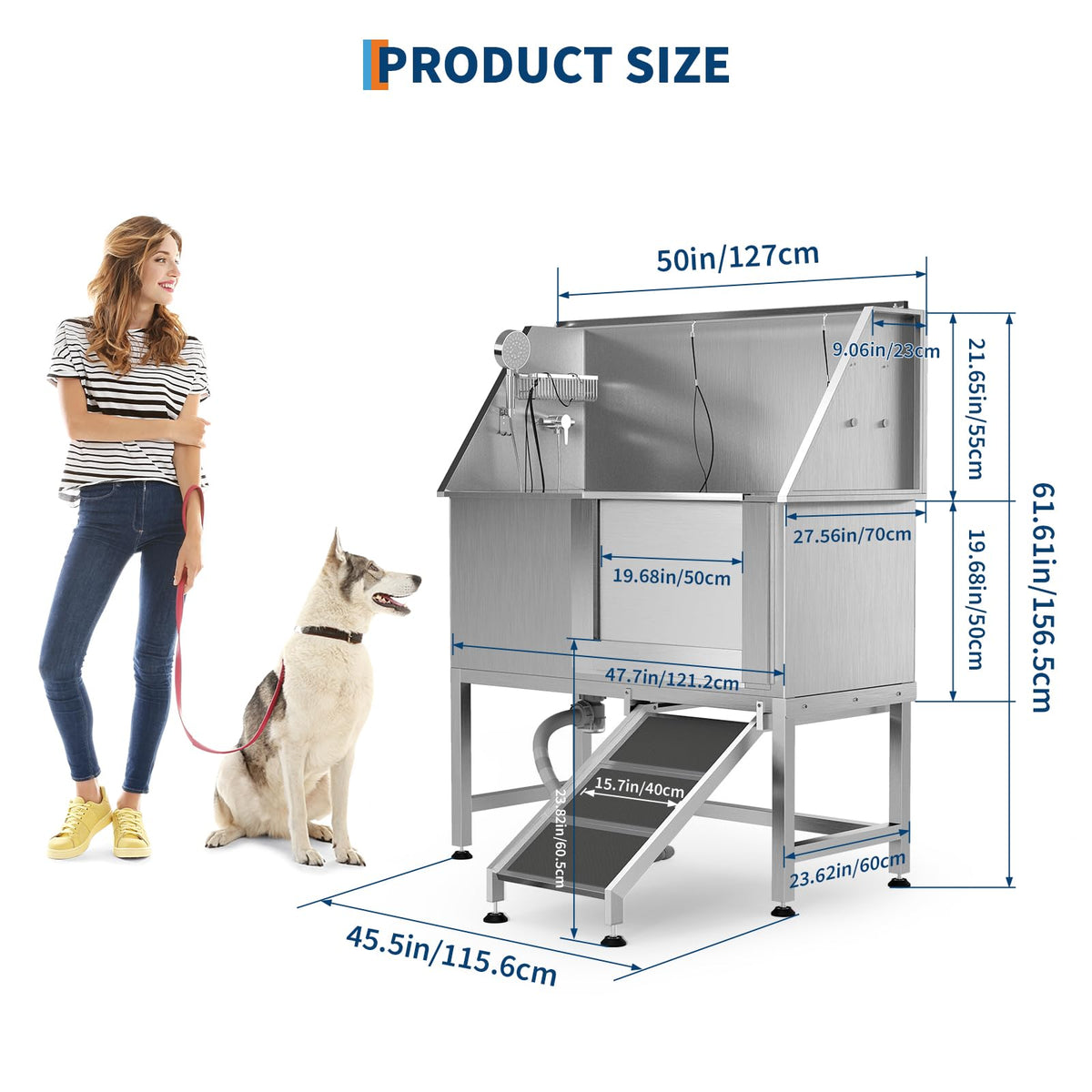 50 Inch Dog Washing Station, Stainless Steel Dog Bathtub with Left Ramps, Pet Dog Bathing Station with Floor Grate, Professional Dog Grooming Tub for Large, Medium, Small Pets