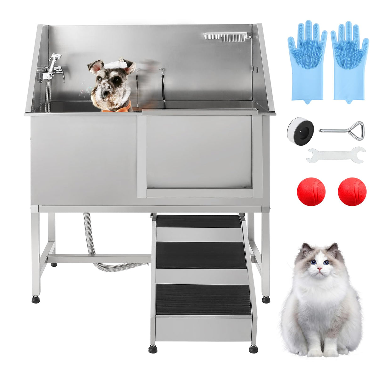 50 Inch Dog Washing Station, Stainless Steel Dog Bathtub with Left Ramps, Pet Dog Bathing Station with Floor Grate, Professional Dog Grooming Tub for Large, Medium, Small Pets