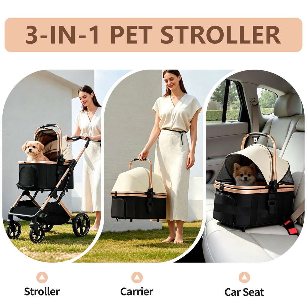 3 in 1 Pet Stroller with Detachable Carrier for Small Dogs and Cats, Khahi