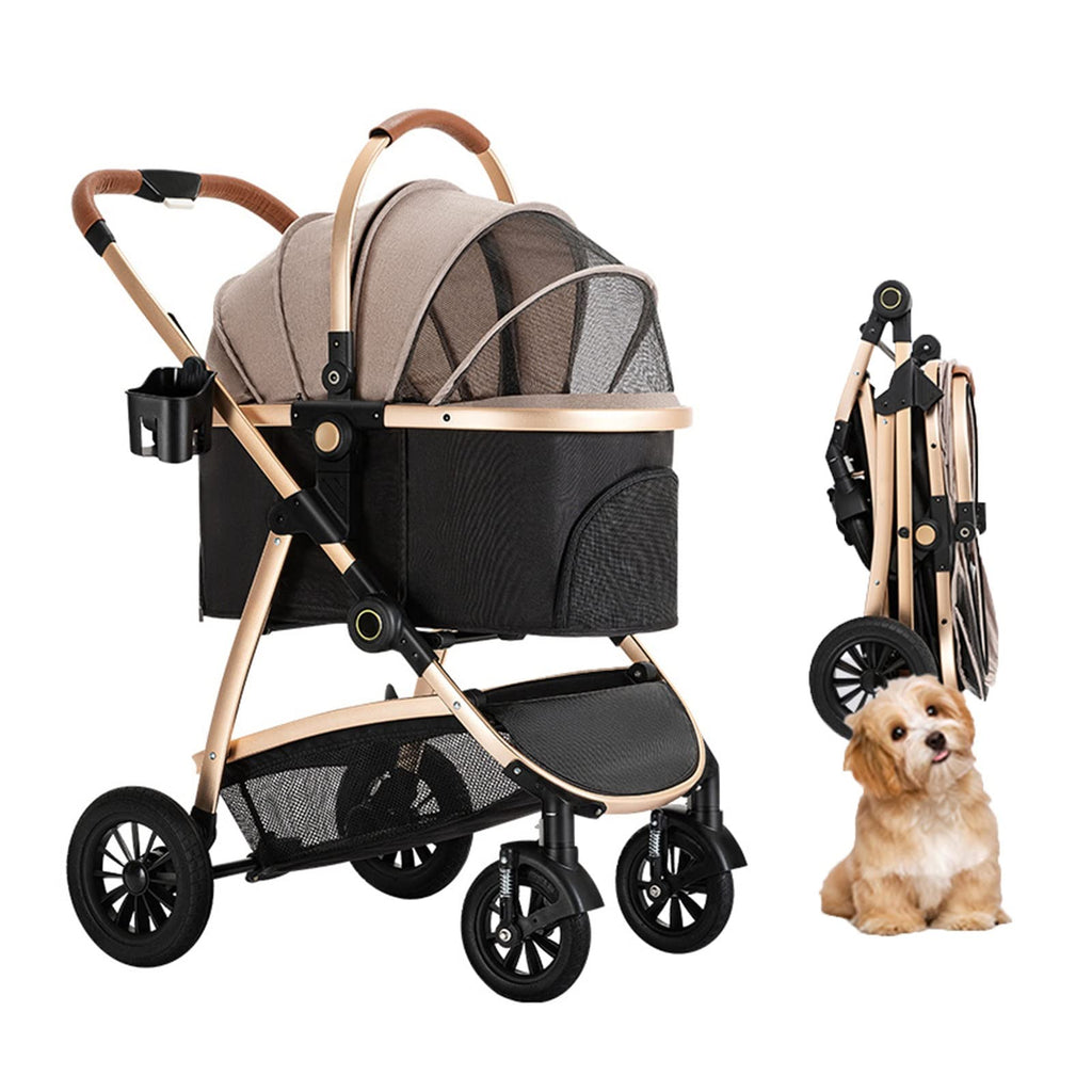 3 in 1 Foldable Travel Stroller Cup Holder Dog Stroller for Medium Cats Dogs Pram, Cat Carriers Strollers Jogging Trolley, Large Pet Strolle Breathable Window with Zipper, Storage Basket