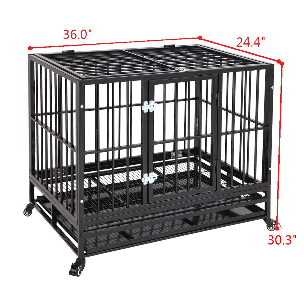 36 Inch Dog Crate, Folding Metal Pet Crate with Wheels, Double-Door Pets Homes with Double Latch, Kennel with Divider Panel, Square Tube Dog Crate Animal Cage, for Training Pet Supplies, Black