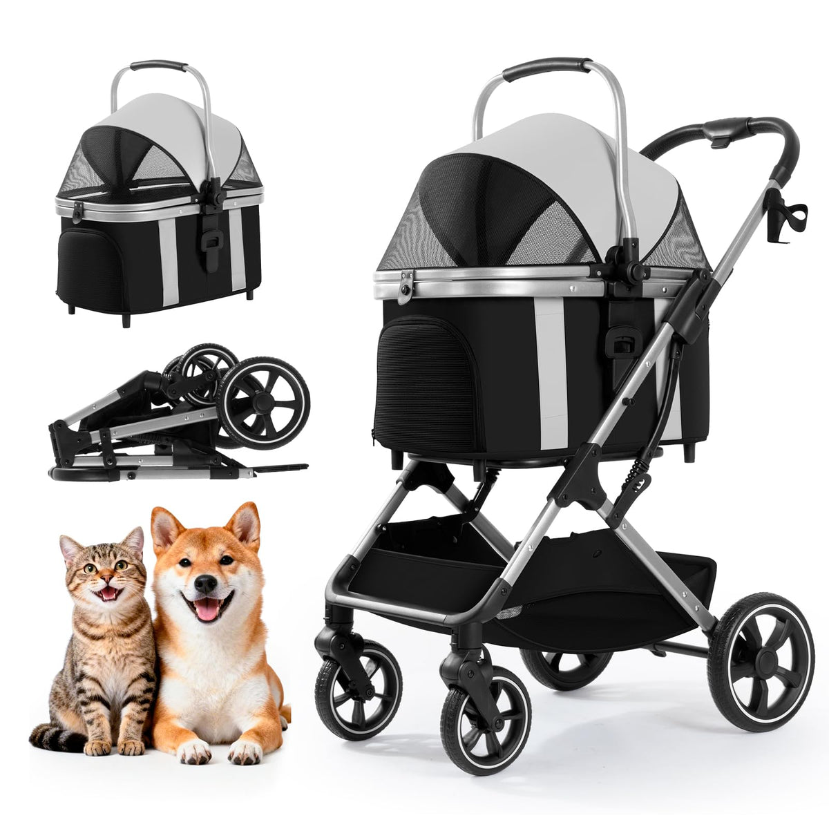3 in 1 Pet Stroller with Detachable Carrier for Small Dogs and Cats, Khahi