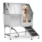 50 Inch Dog Washing Station, Stainless Steel Dog Bathtub with Left Ramps, Pet Dog Bathing Station with Floor Grate, Professional Dog Grooming Tub for Large, Medium, Small Pets
