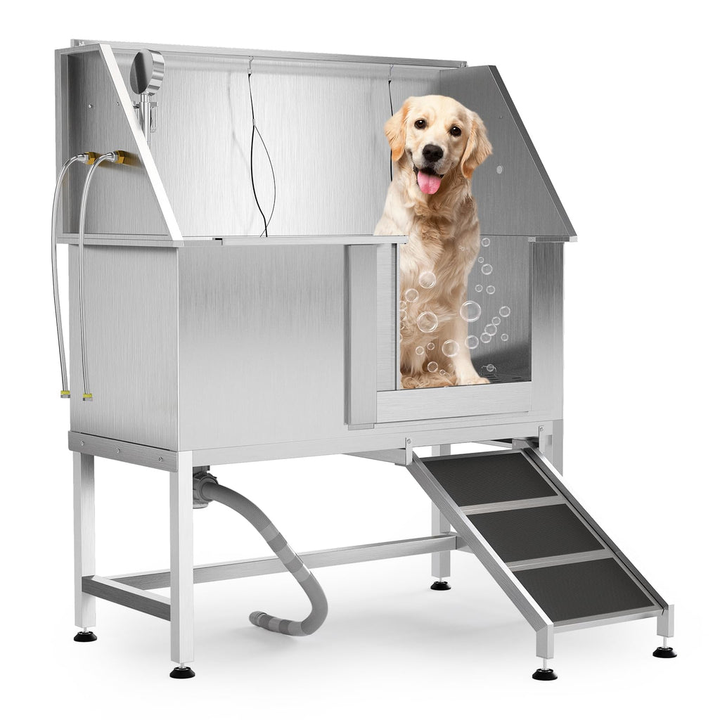 50" Stainless Steel Dog Wash Tub with Right-Side Ramps & Floor Grate,Professional Pet Grooming Station for Large, Medium, Small Dogs