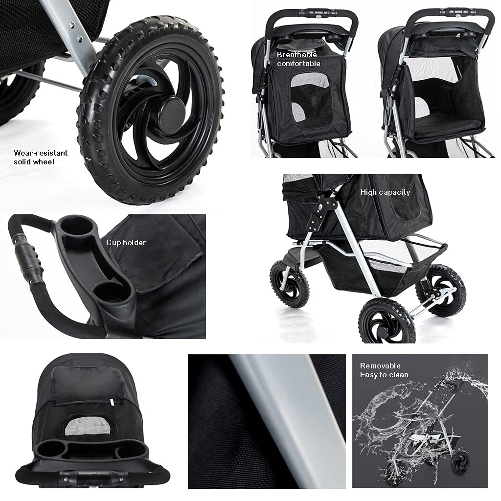 3 Wheel Pet Stroller Foldable for Small Medium Dogs and Cats, Pet Supplies Travel Beach Pet Buggy Dog Bicycle Trailer with Large Storage Basket, Capacity 25Kg (Color : Gray)