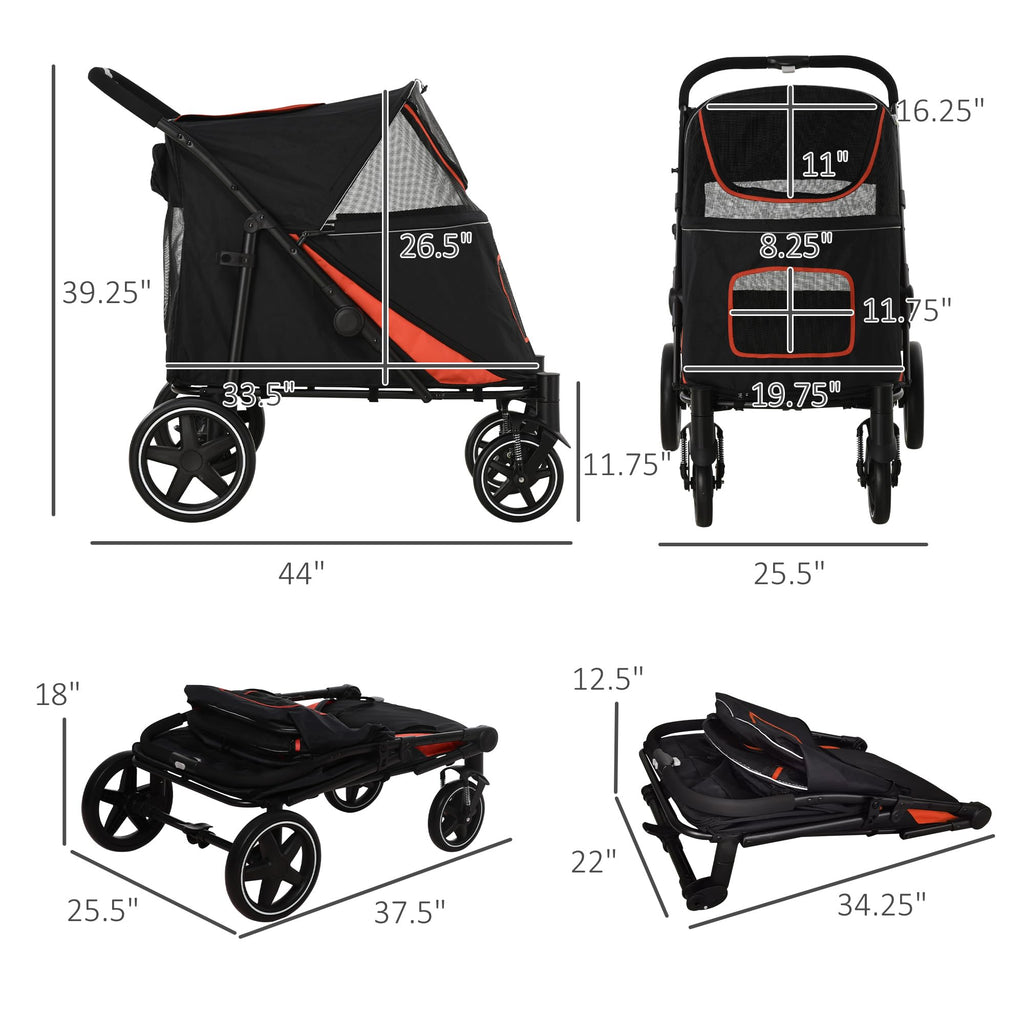 1-Click Foldable Doggy Stroller for Medium Large Dogs, Pet Stroller with Storage, Smooth Ride with Shock Absorption, Mesh Window, Safety Leash, Big Dog Walking Stroller, Black