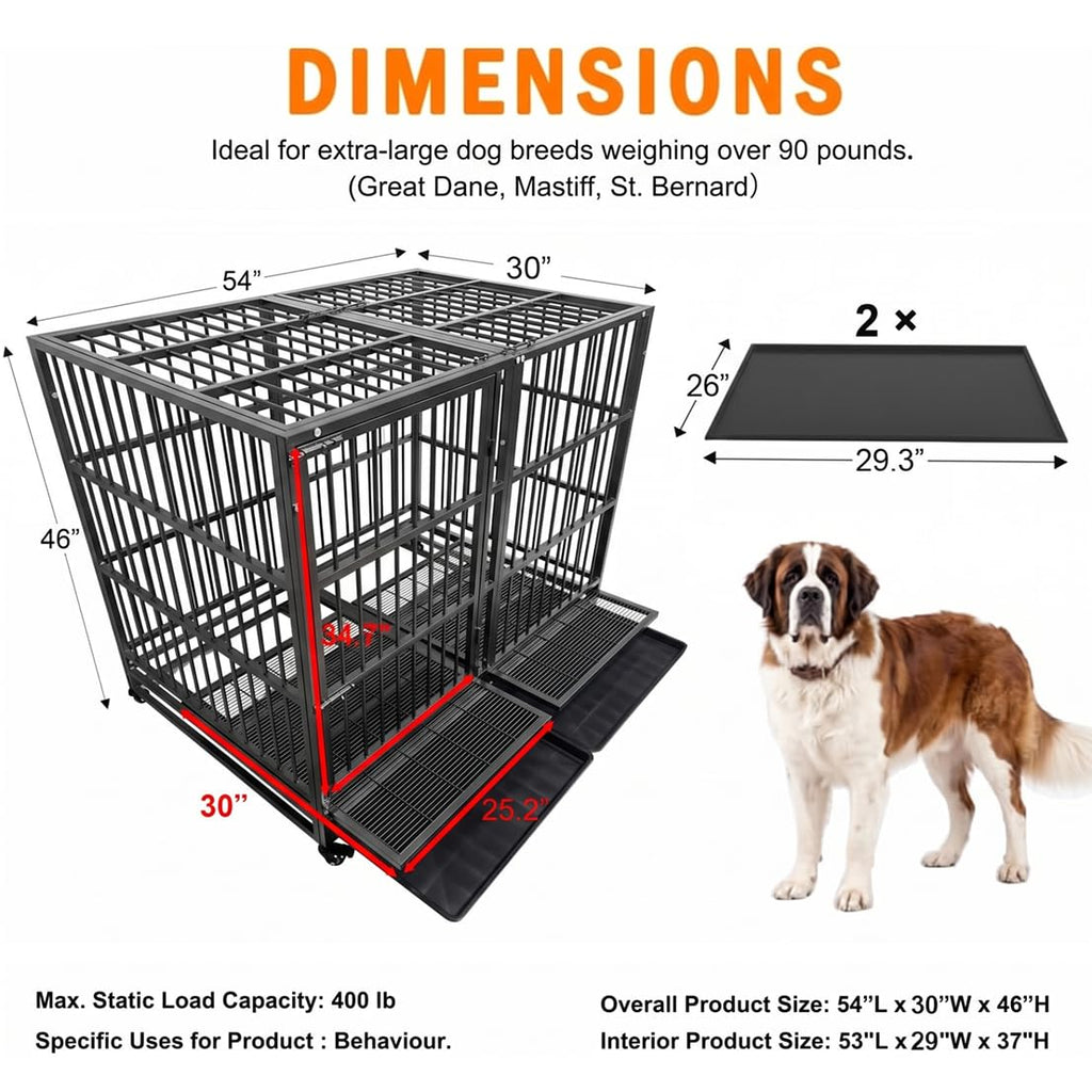 54" Heavy Duty Dog Crate, Indestructible Kennel for Giant Dogs