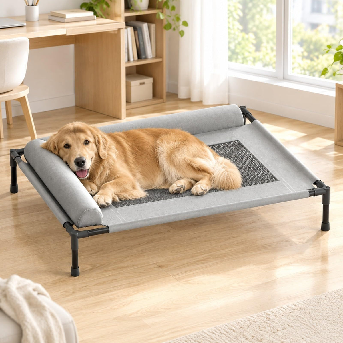 Almencla Heightened Dog Bed with Metal Frame Washable Elevated-Canine Bed with Side Bolsters for Travel, M, 3 Pillow