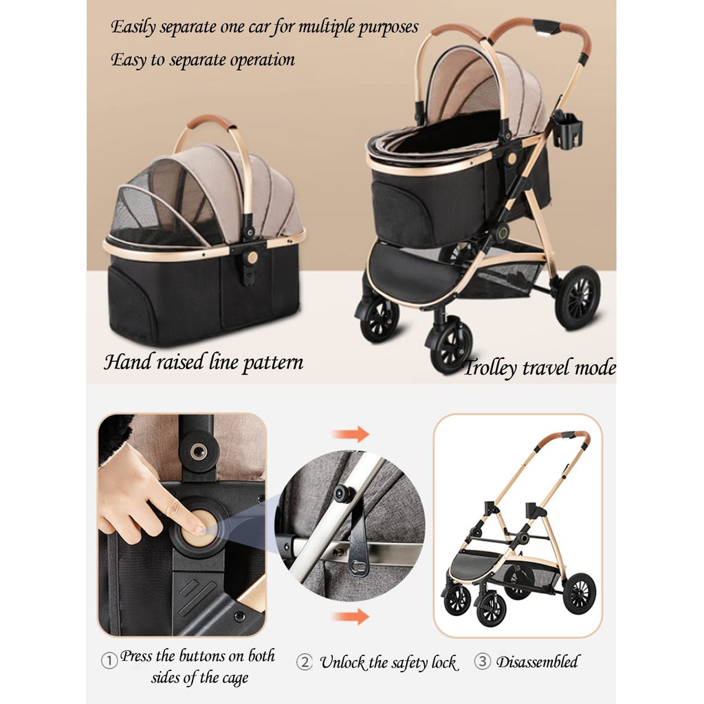 3 in 1 Foldable Travel Stroller Cup Holder Dog Stroller for Medium Cats Dogs Pram, Cat Carriers Strollers Jogging Trolley, Large Pet Strolle Breathable Window with Zipper, Storage Basket