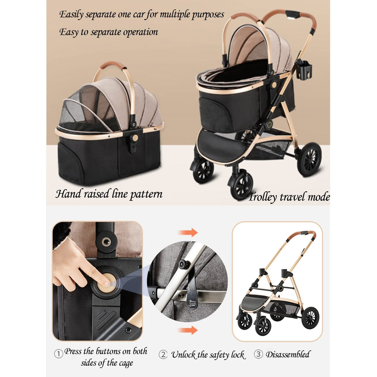 3 in 1 Foldable Travel Stroller Cup Holder Dog Stroller for Medium Cats Dogs Pram, Cat Carriers Strollers Jogging Trolley, Large Pet Strolle Breathable Window with Zipper, Storage Basket