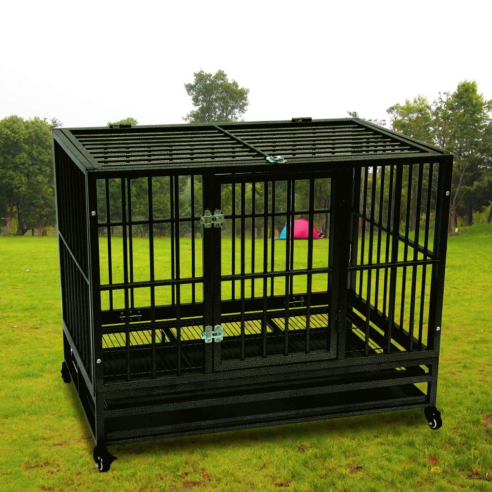 36 Inch Dog Crate, Folding Metal Pet Crate with Wheels, Double-Door Pets Homes with Double Latch, Kennel with Divider Panel, Square Tube Dog Crate Animal Cage, for Training Pet Supplies, Black