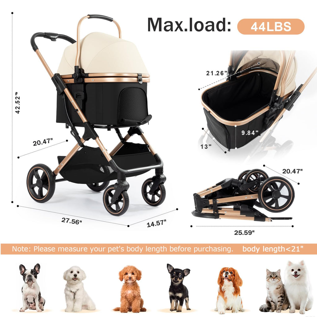 3 in 1 Pet Stroller with Detachable Carrier for Small Dogs and Cats, Khahi