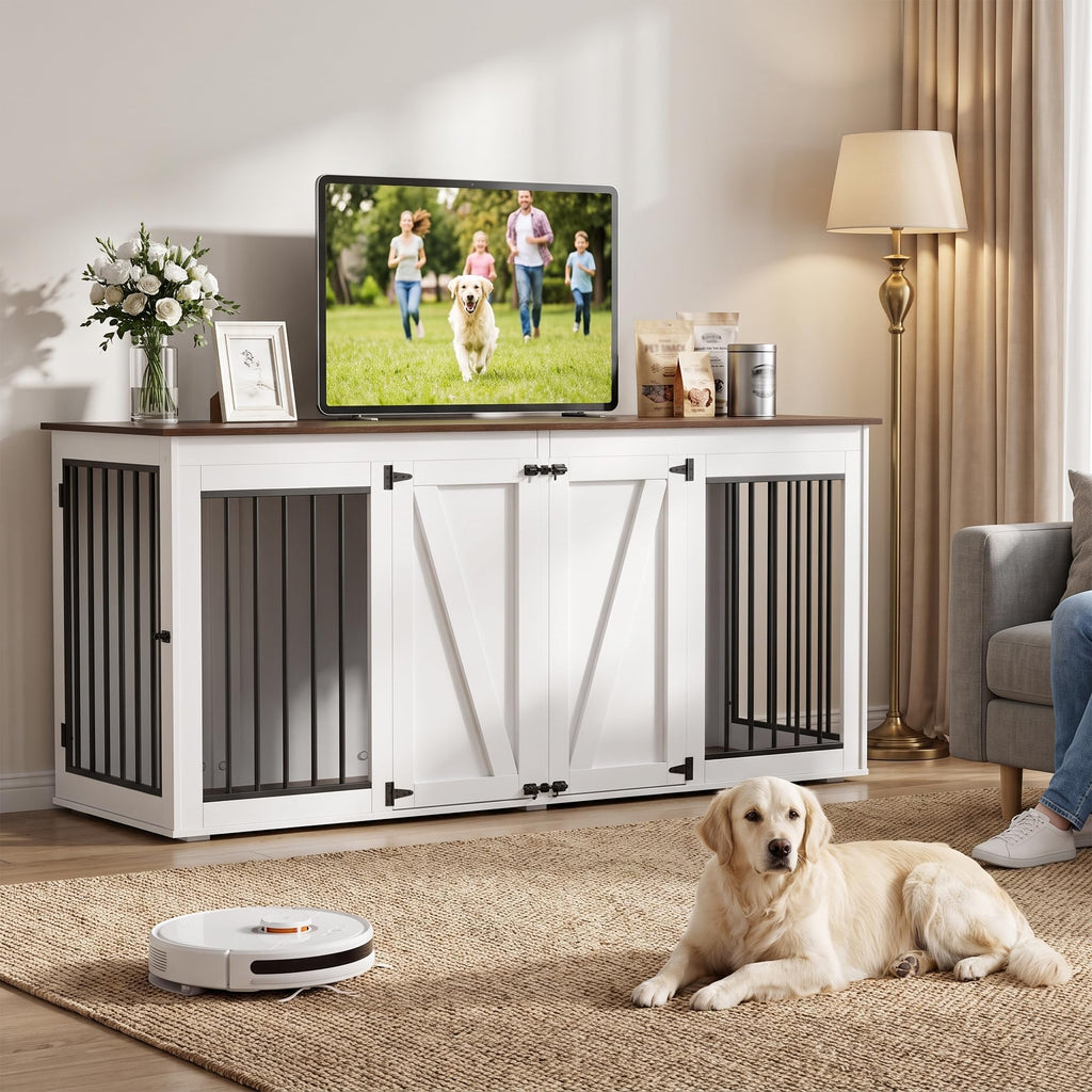 71" Double Dog Crate Furniture, White