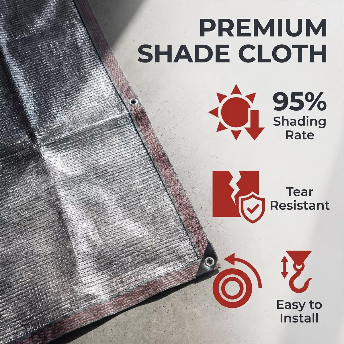 95% Aluminum Shade Cloth, 15'x33' Car/Dog Sun Reflective Aluminet tarp,Silver Reflective Sun Shade Net Cover with Grommets,Breathable,Sun/UV/Heat Blocking for Camping,RVs,with Accessories