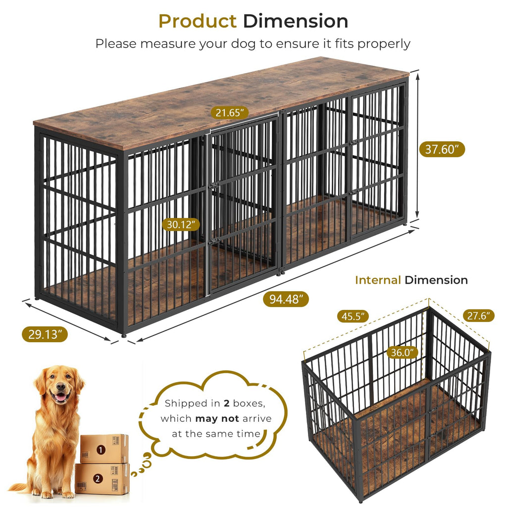 94" Double Dog Crate Furniture, TV Stand with Divider, Brown
