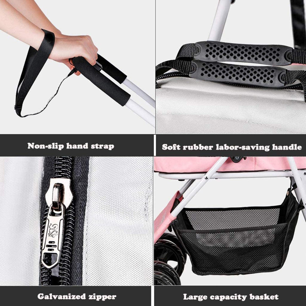 4 Wheel Foldable Dog Stroller Pushchairs Pram Detachable Carrier Lightweight Travel Pet Strollers for Cats and Dogs Up to 20KG Pet Supplies Accessories (Pink)
