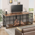 94" Double Dog Crate Furniture, TV Stand with Divider, Brown
