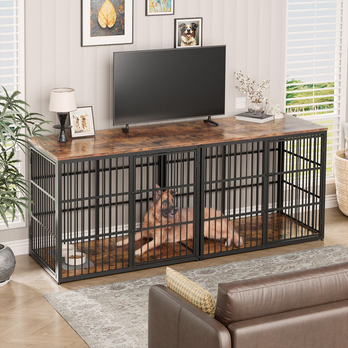 94" Double Dog Crate Furniture, TV Stand with Divider, Brown