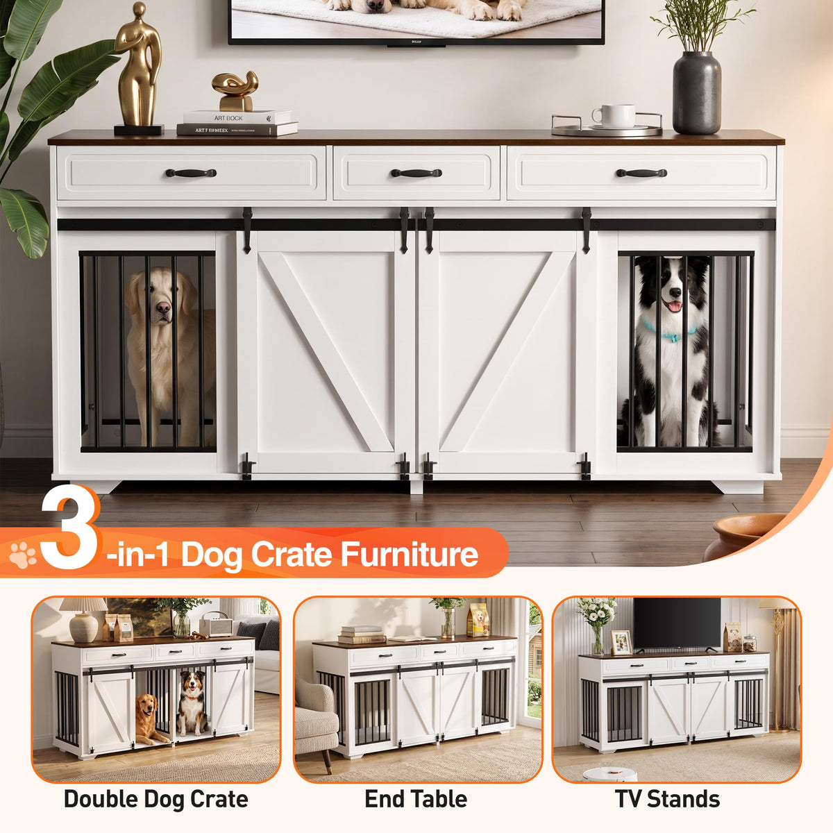 71" Double Dog Crate Furniture, White