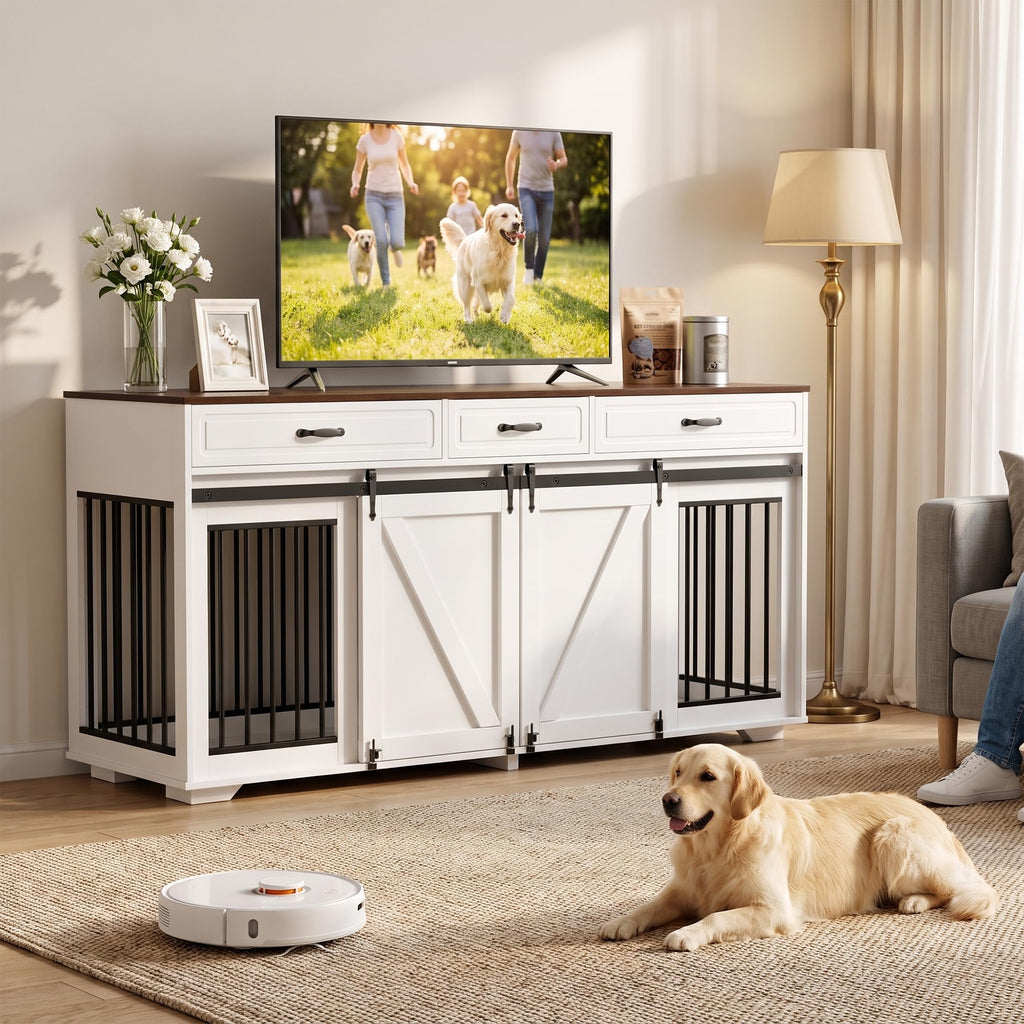 71" Double Dog Crate Furniture, White