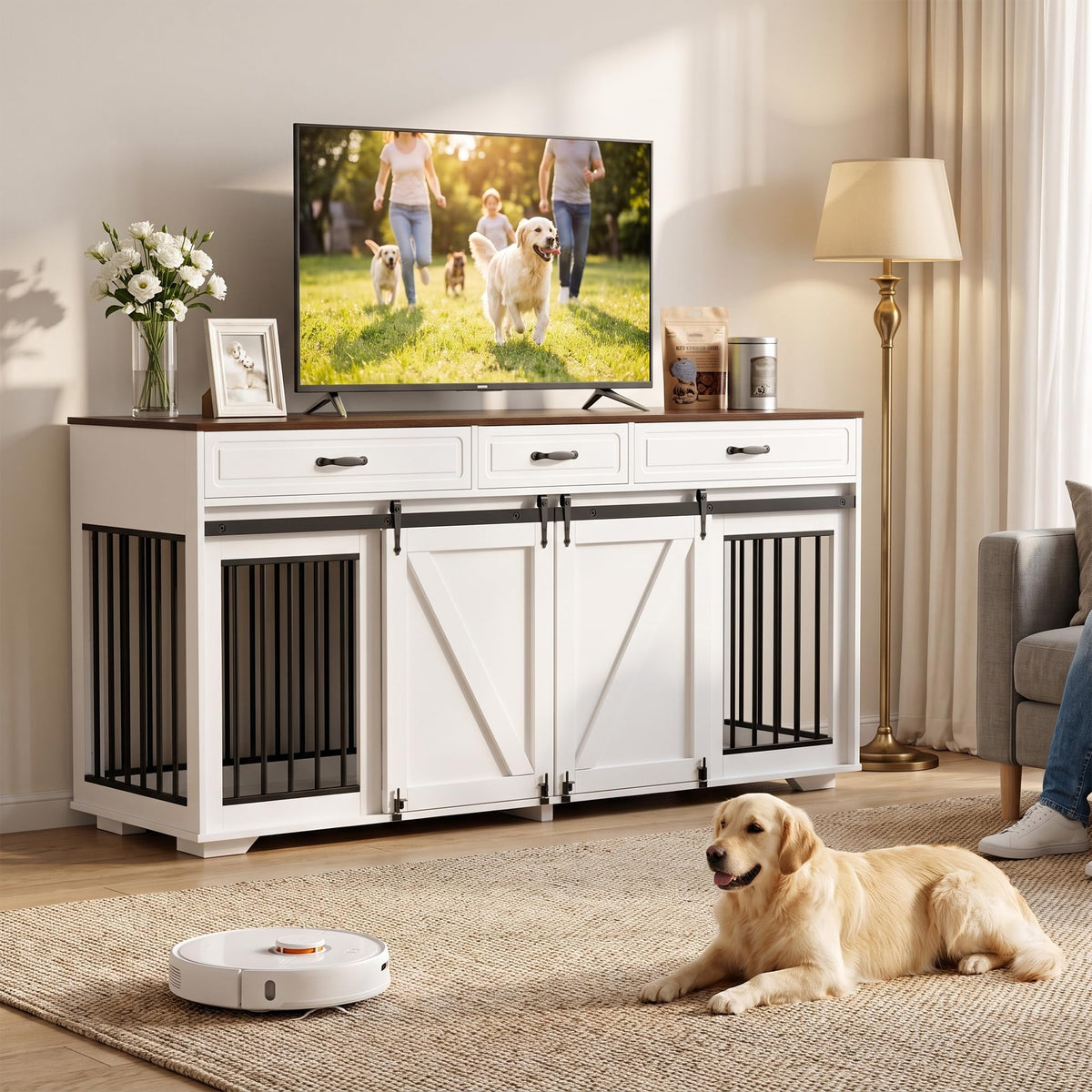 71" Double Dog Crate Furniture, White