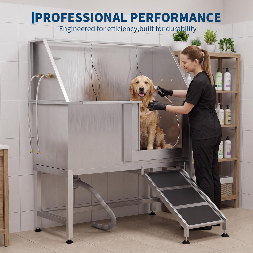 Aptliton 50 Inch Stainless Steel Dog Grooming Tub with Ramp Right Door