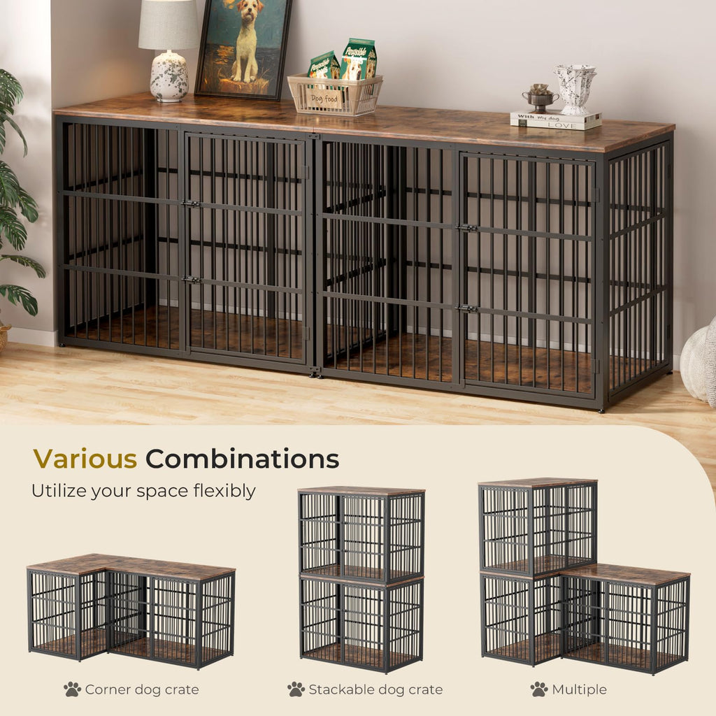 94" Double Dog Crate Furniture, TV Stand with Divider, Brown