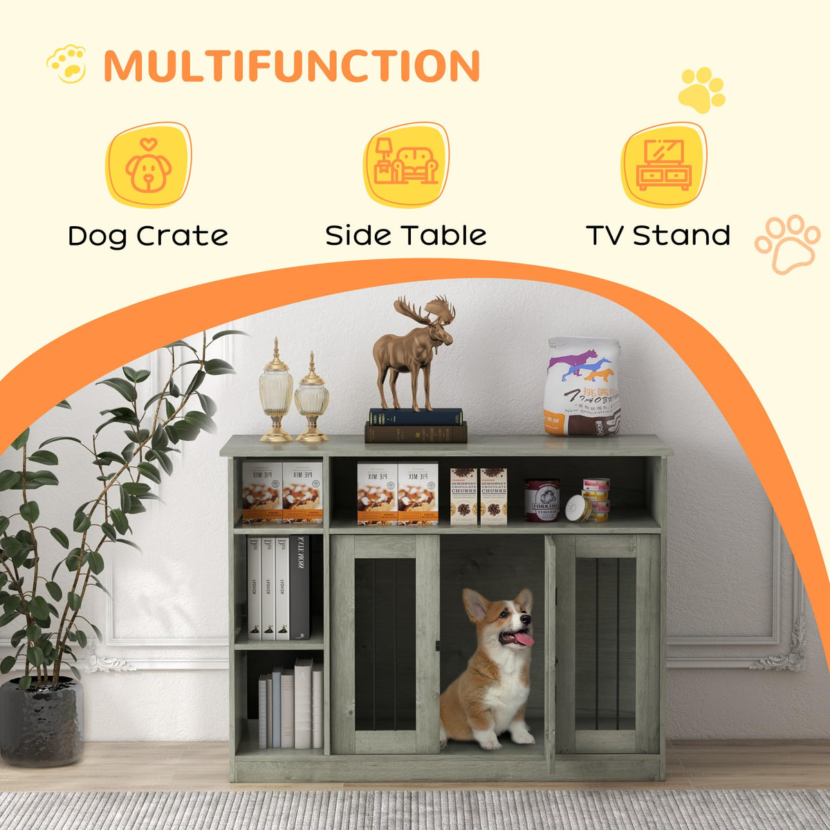 47-Inch Dog Crate Furniture with Storage for Medium and Large Dogs, Gray