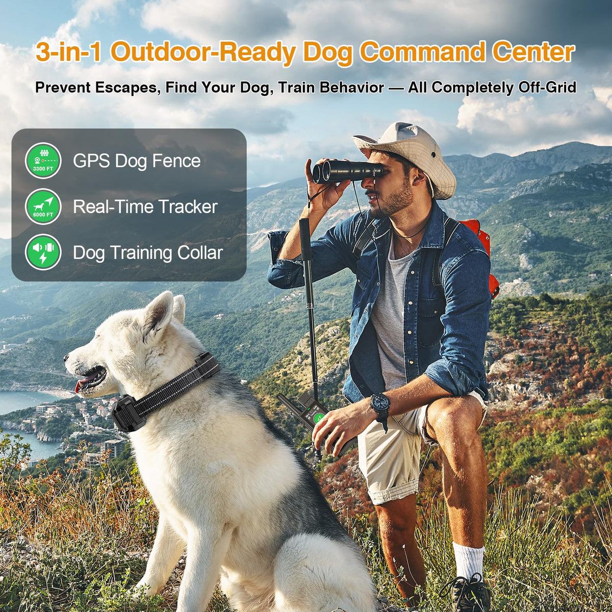 3-in-1 Wireless Dog Fence, Real-Time GPS Tracker & Training Collar